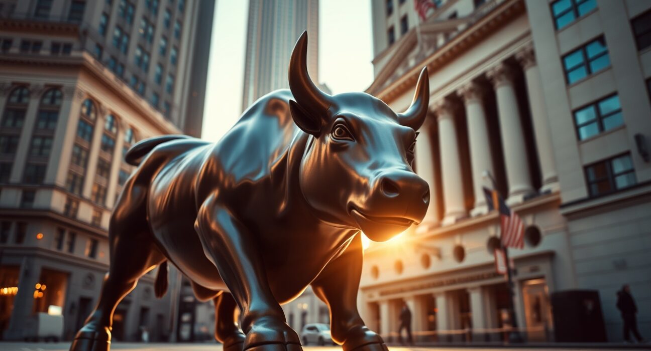 Dow Jones futures analysis with Wall Street bull representing market strength amidst uncertainty