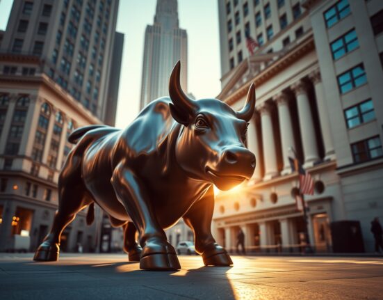 Dow Jones futures analysis with Wall Street bull representing market strength amidst uncertainty