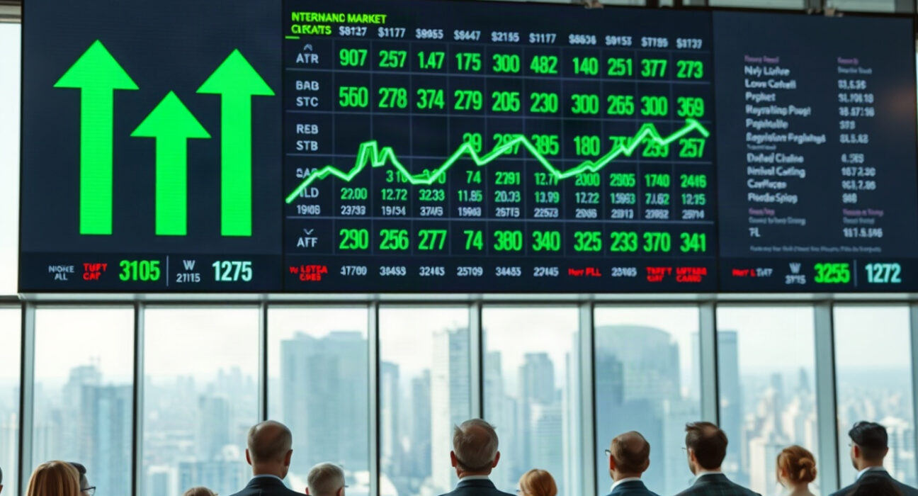 Stock market display board showing upward trends in a financial district