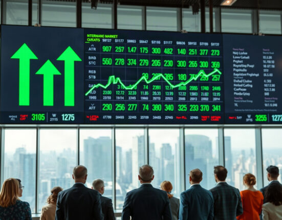 Stock market display board showing upward trends in a financial district