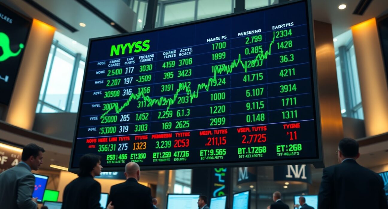 Stock market board showing rising Dow Jones futures with green numbers and charts