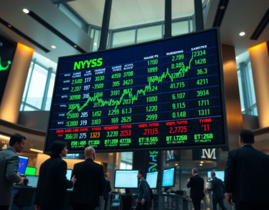 Stock market board showing rising Dow Jones futures with green numbers and charts