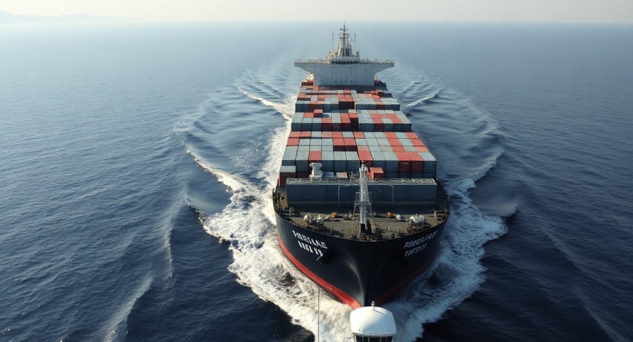 Container ship and oil tanker navigating the Strait of Hormuz under clear skies