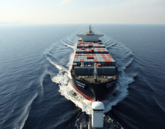 Container ship and oil tanker navigating the Strait of Hormuz under clear skies