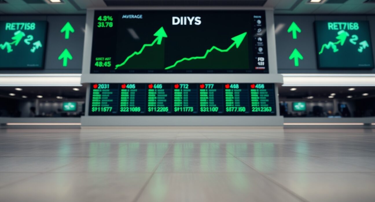 Dow Jones futures ticker showing green upward movement on a trading floor