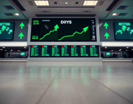 Dow Jones futures ticker showing green upward movement on a trading floor