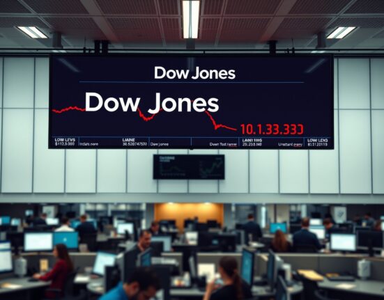 Stock market display showing Dow Jones futures declining after inflation data release