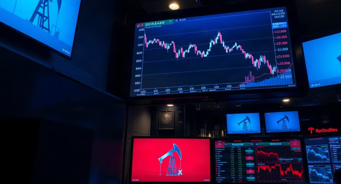 Trading screens showing Dow Jones futures decline amid higher oil prices