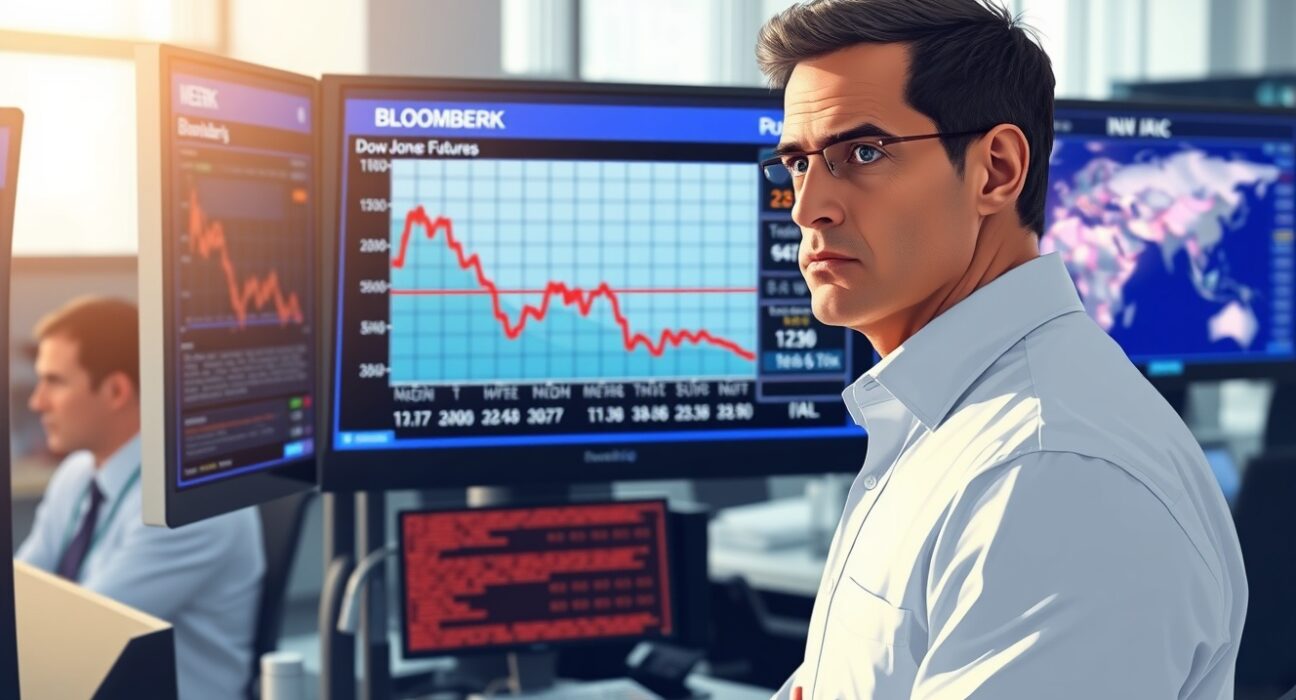 Trader analyzing Dow Jones futures chart and Iran news ahead of Trump's geopolitical deadline.