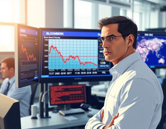 Trader analyzing Dow Jones futures chart and Iran news ahead of Trump's geopolitical deadline.