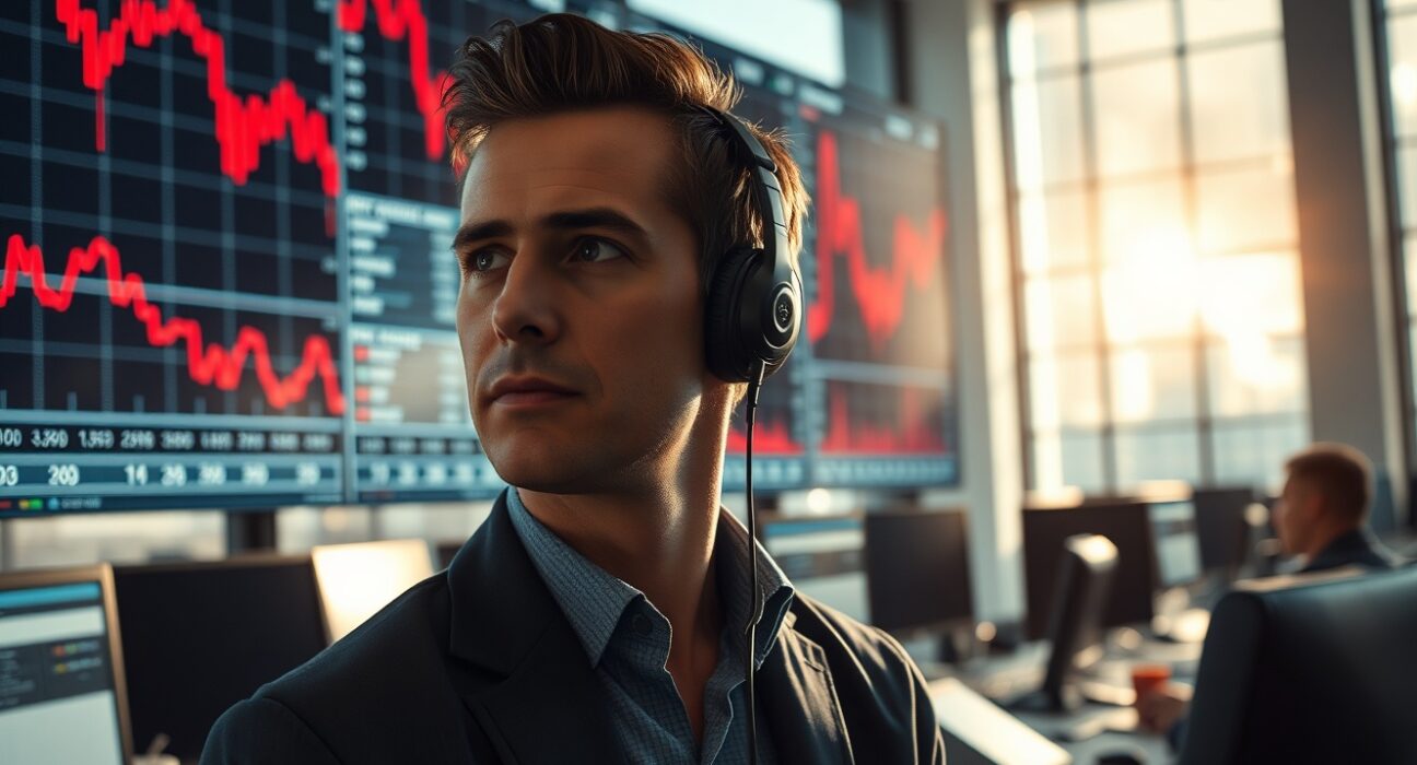 Trader analyzes falling Dow Jones futures charts amid fading US-Iran ceasefire hopes.