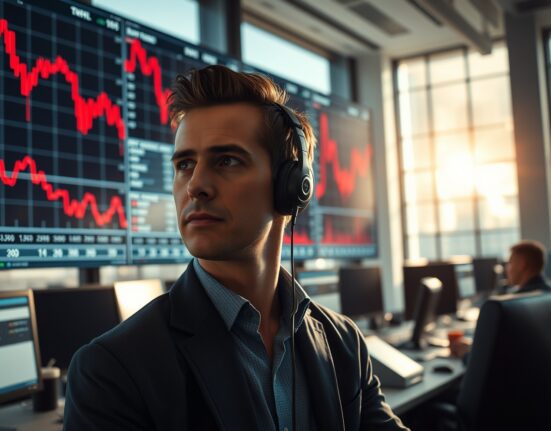 Trader analyzes falling Dow Jones futures charts amid fading US-Iran ceasefire hopes.