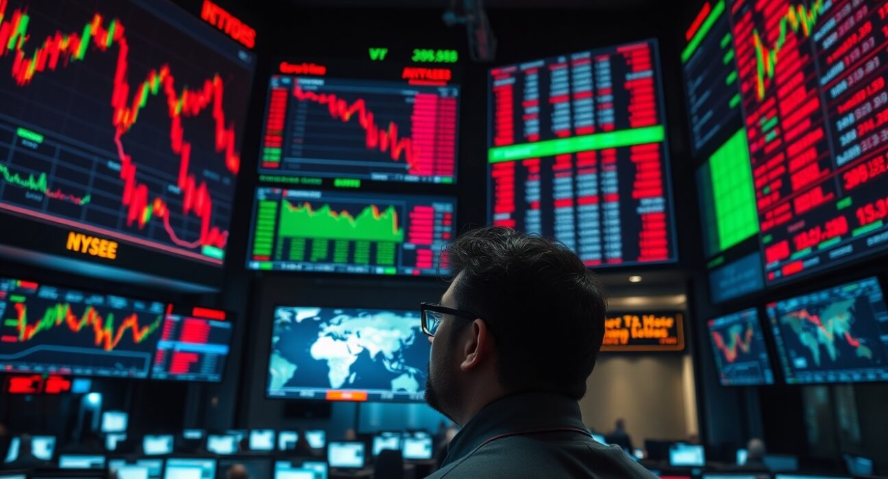 Stock market trading floor with Dow Jones index showing a decline amid geopolitical tensions.