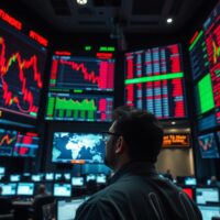 Stock market trading floor with Dow Jones index showing a decline amid geopolitical tensions.