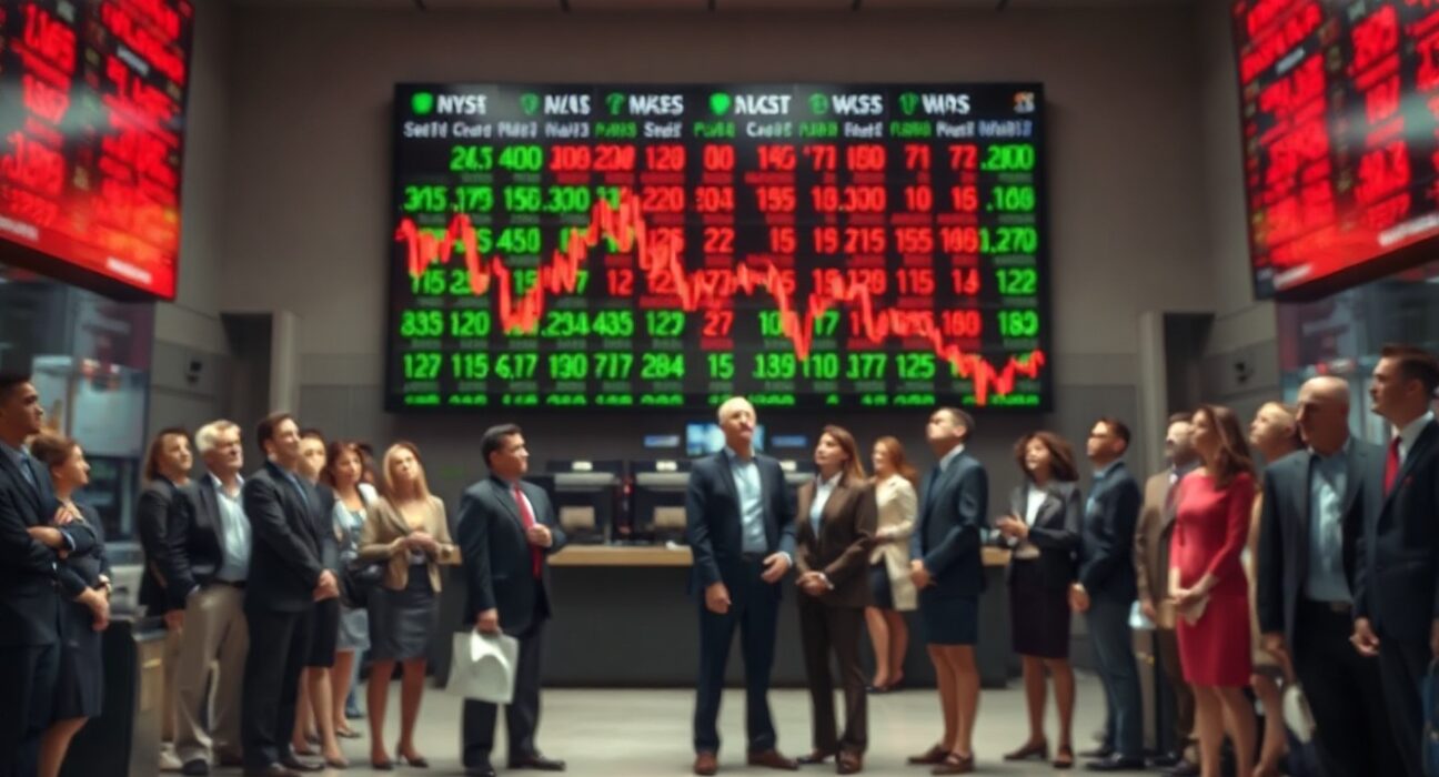 Stock market traders watching a digital board as futures slip amid geopolitical and rate concerns