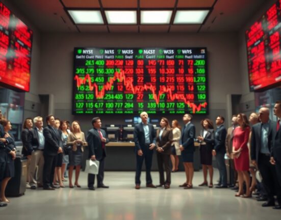 Stock market traders watching a digital board as futures slip amid geopolitical and rate concerns