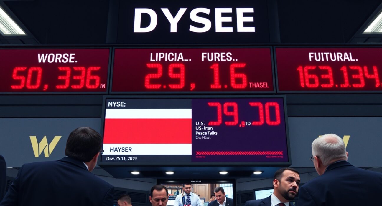 Dow Jones futures display in red on a trading floor amid stalled US-Iran peace efforts