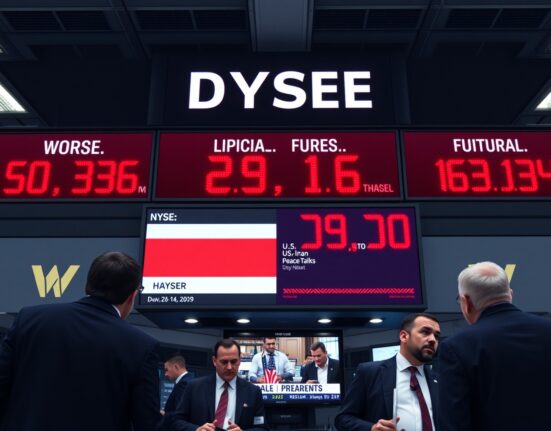 Dow Jones futures display in red on a trading floor amid stalled US-Iran peace efforts