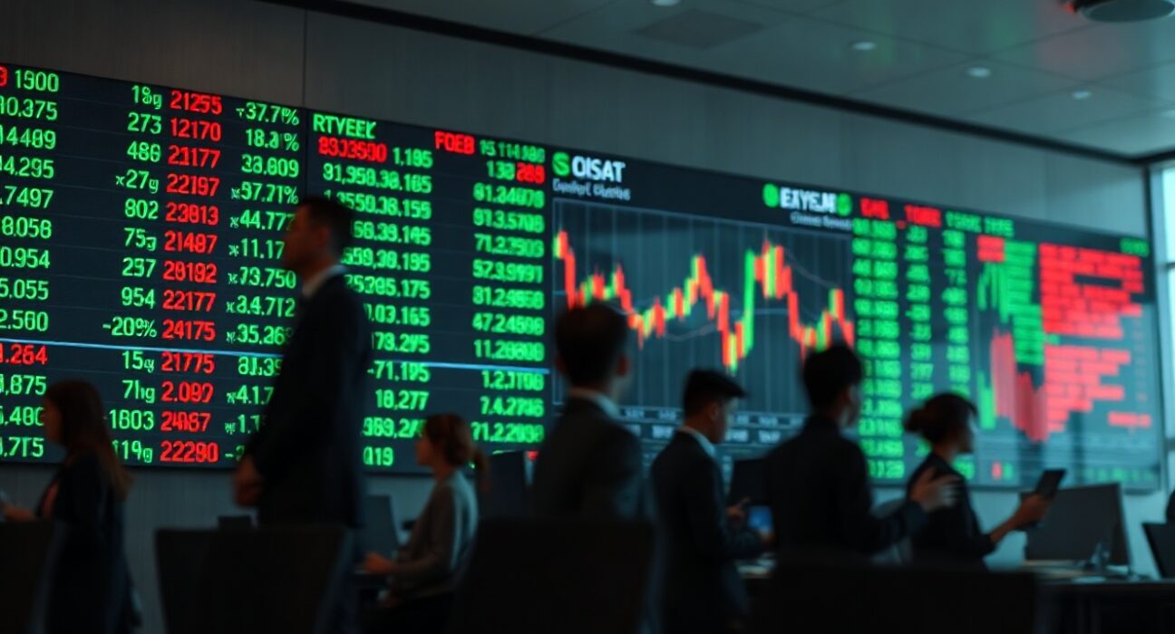 Stock market display board on trading floor showing futures data