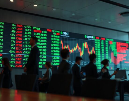 Stock market display board on trading floor showing futures data