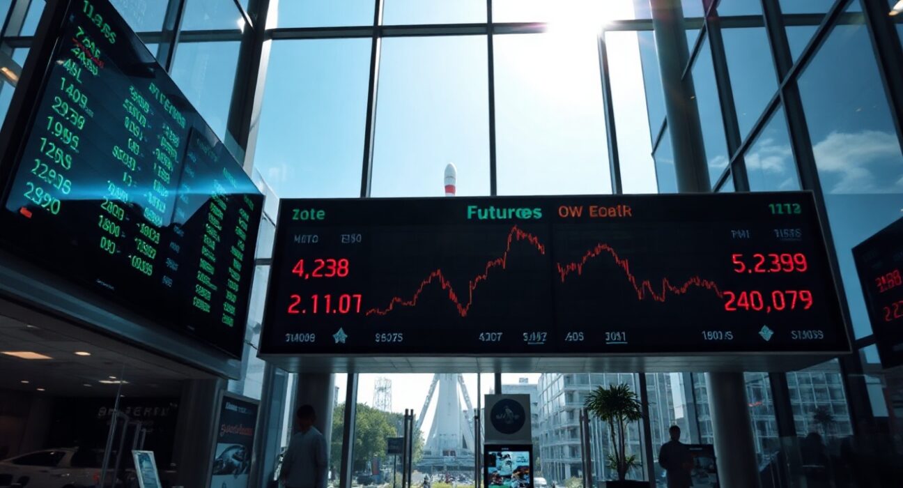 Stock market display board showing Dow Jones futures with a rocket launch in the background
