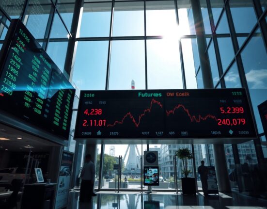Stock market display board showing Dow Jones futures with a rocket launch in the background