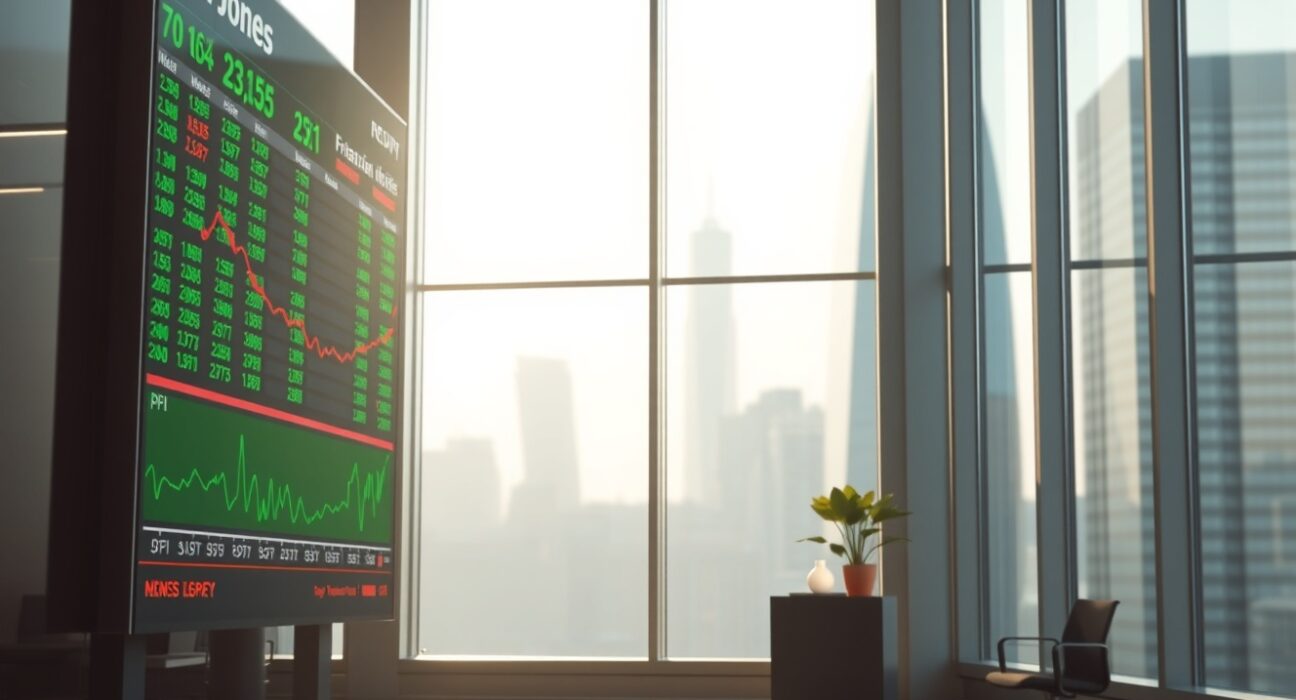 Digital stock market display showing Dow Jones and PPI data in a modern office setting