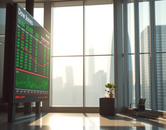 Digital stock market display showing Dow Jones and PPI data in a modern office setting