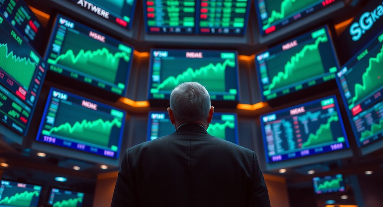 Trader viewing green stock charts on multiple screens during a market rally