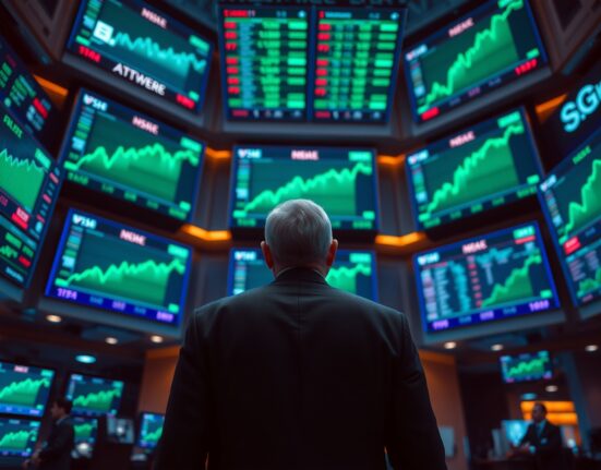 Trader viewing green stock charts on multiple screens during a market rally