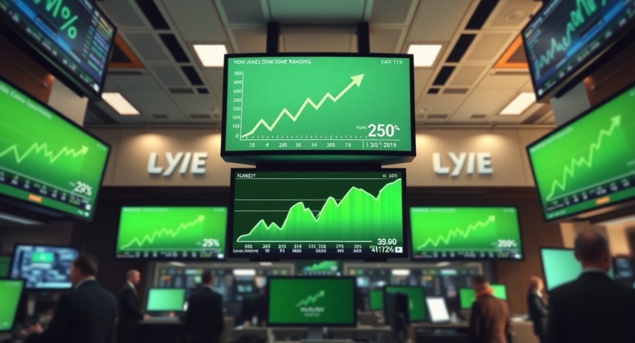 Stock market trading floor with green charts and Dow Jones futures data on digital screens
