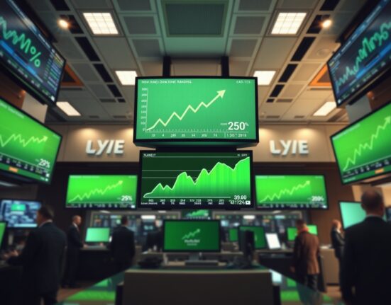 Stock market trading floor with green charts and Dow Jones futures data on digital screens