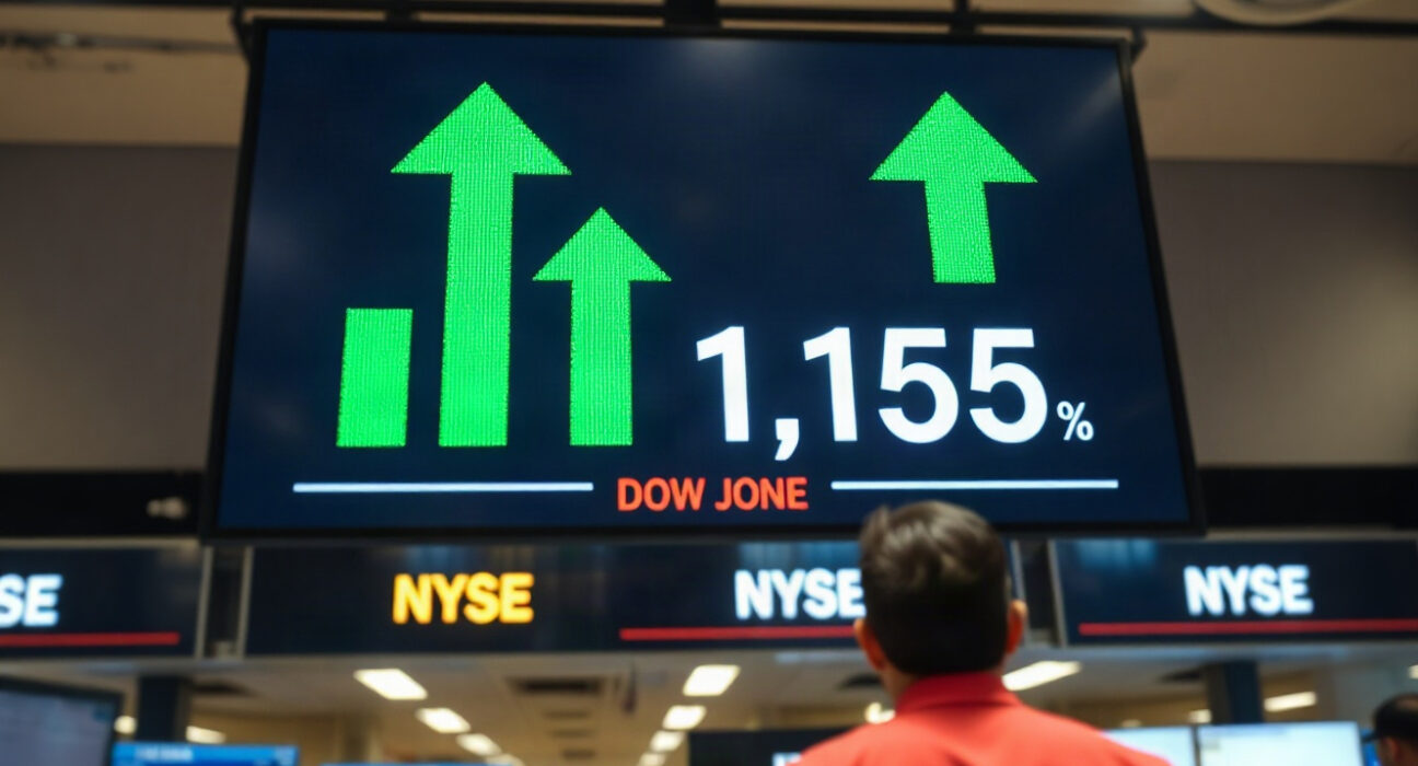 Traders watching Dow Jones futures rise on a digital board amid Treasury buyback relief