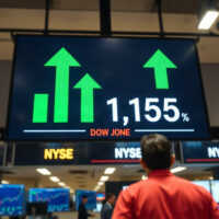 Traders watching Dow Jones futures rise on a digital board amid Treasury buyback relief