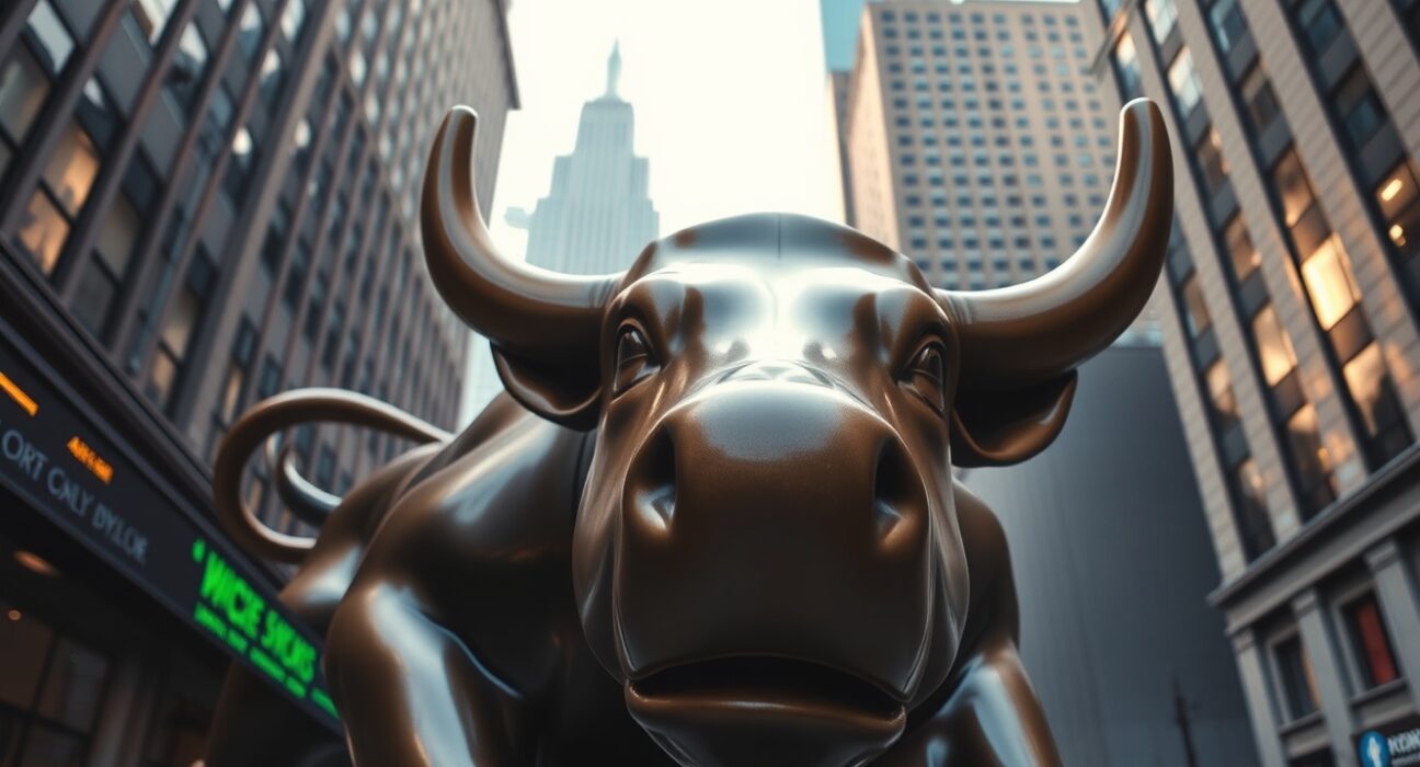 Dow Jones futures optimism shown through Wall Street bull with rising market indicators
