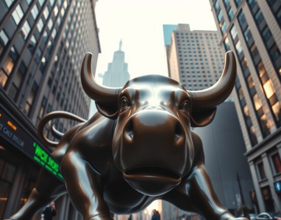 Dow Jones futures optimism shown through Wall Street bull with rising market indicators