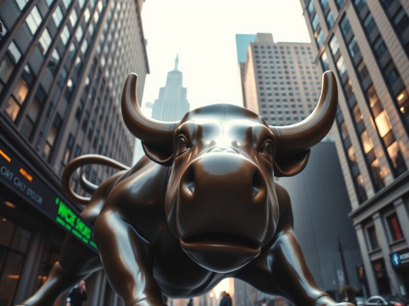 Dow Jones futures optimism shown through Wall Street bull with rising market indicators