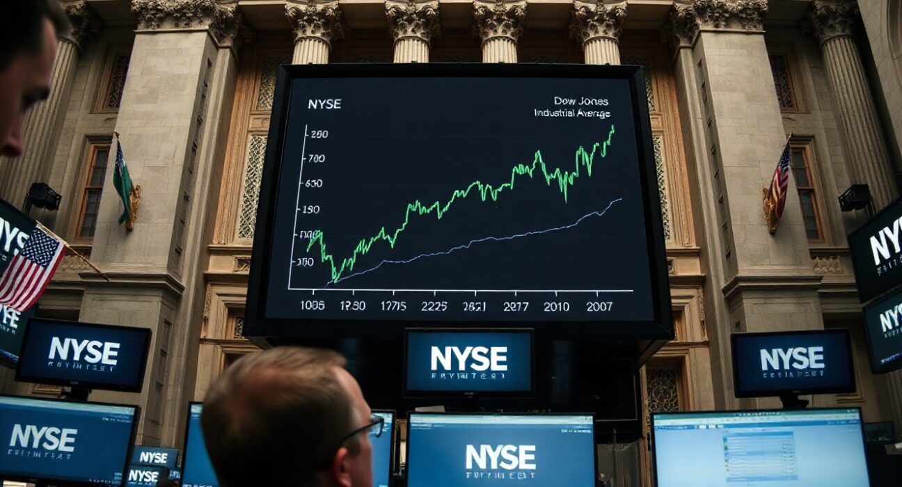 NYSE trading floor with green stock charts and Dow Jones index display
