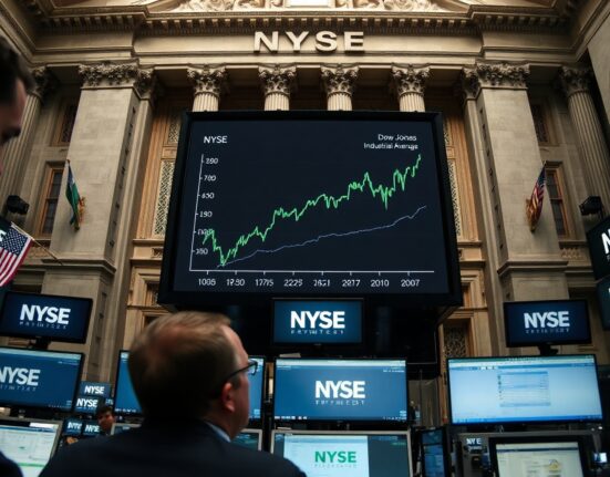NYSE trading floor with green stock charts and Dow Jones index display