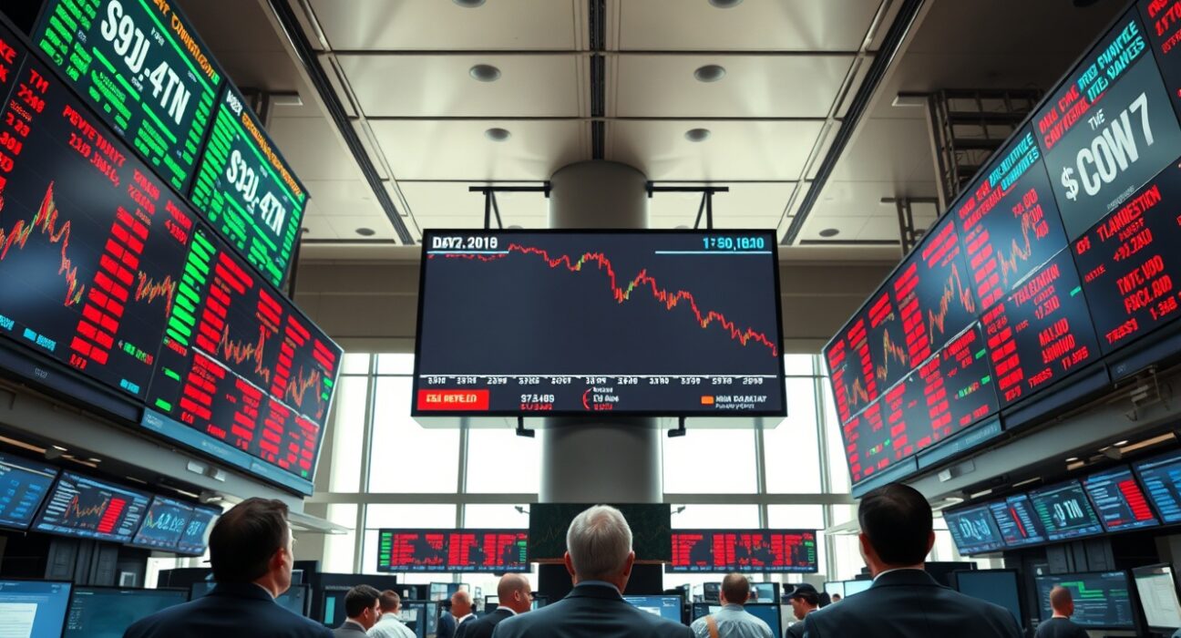 Trading floor with screens showing Dow Jones futures decline amid geopolitical uncertainty