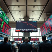Trading floor with screens showing Dow Jones futures decline amid geopolitical uncertainty