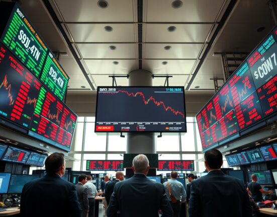 Trading floor with screens showing Dow Jones futures decline amid geopolitical uncertainty