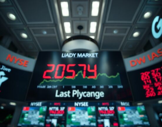 Dow Jones Industrial Average ticker board showing mixed market performance on a trading floor