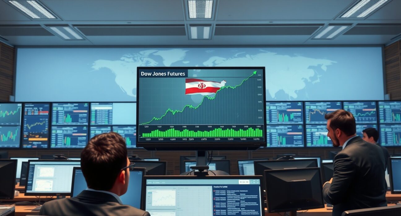 Trading floor monitors showing rising Dow Jones futures charts during US-Iran negotiations news