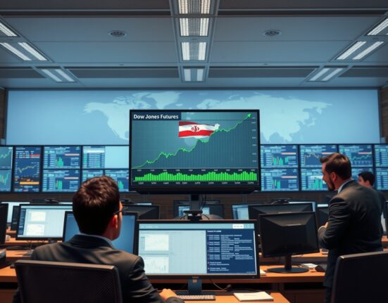 Trading floor monitors showing rising Dow Jones futures charts during US-Iran negotiations news