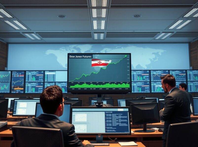 Trading floor monitors showing rising Dow Jones futures charts during US-Iran negotiations news