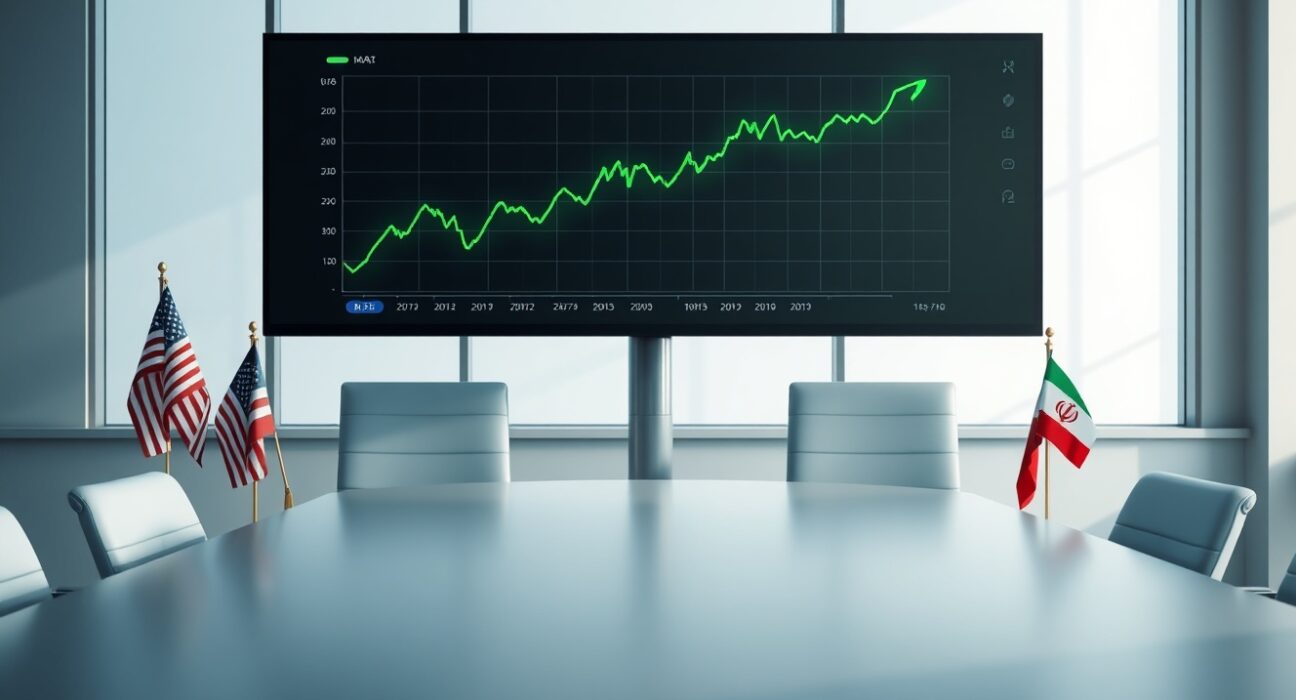 Dow Jones futures chart rising on optimism for US-Iran diplomatic peace proposal.
