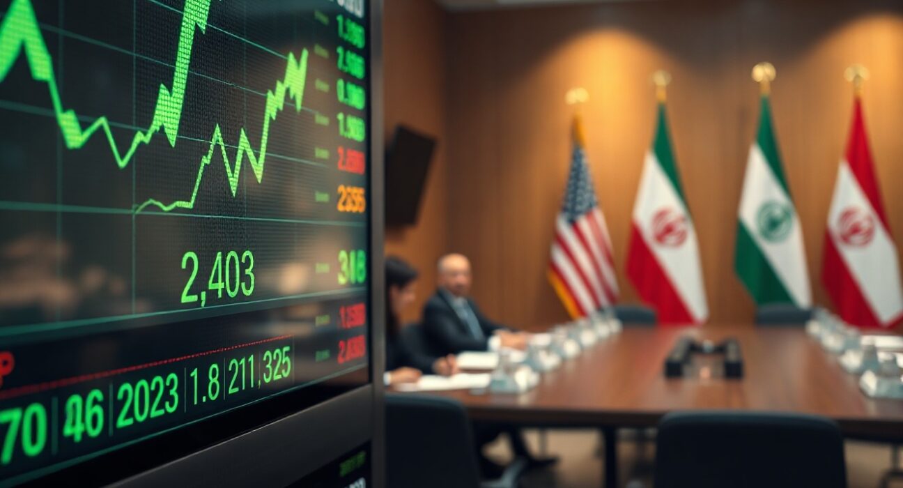 Stock market display showing rising Dow Jones futures with diplomatic flags in background