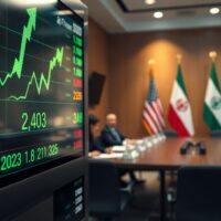 Stock market display showing rising Dow Jones futures with diplomatic flags in background