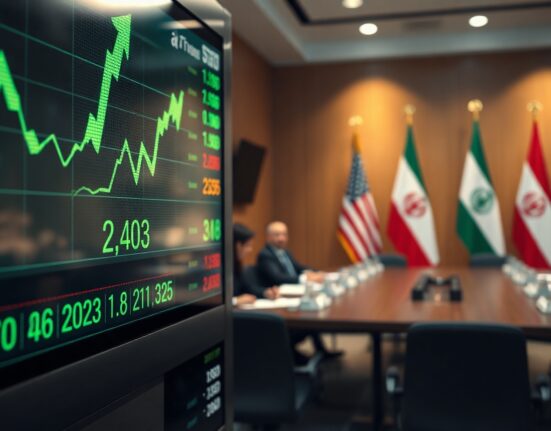 Stock market display showing rising Dow Jones futures with diplomatic flags in background